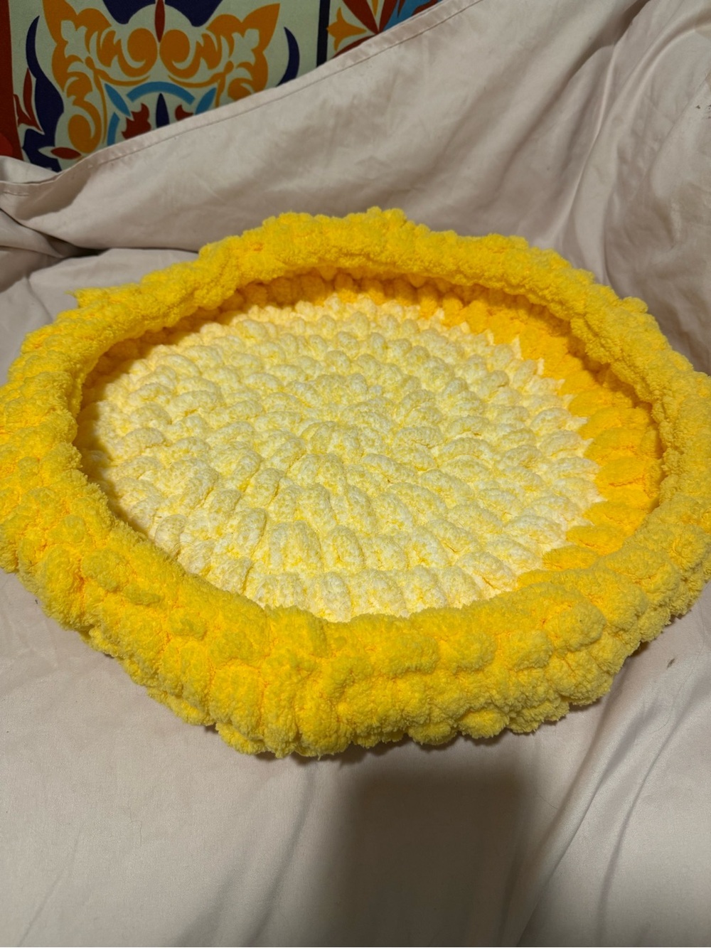 Plush Round Yellow Crochet Pet Bed - Soft Handcrafted Cushion